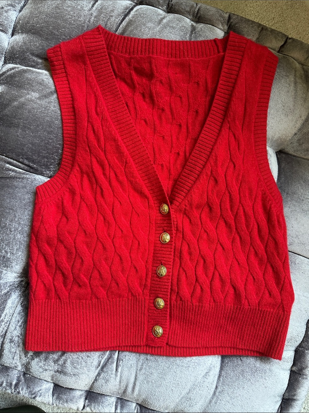💯 Cashmere J. Crew Red Cable-Knit Sleeveless Cardigan Vest with Gold Buttons